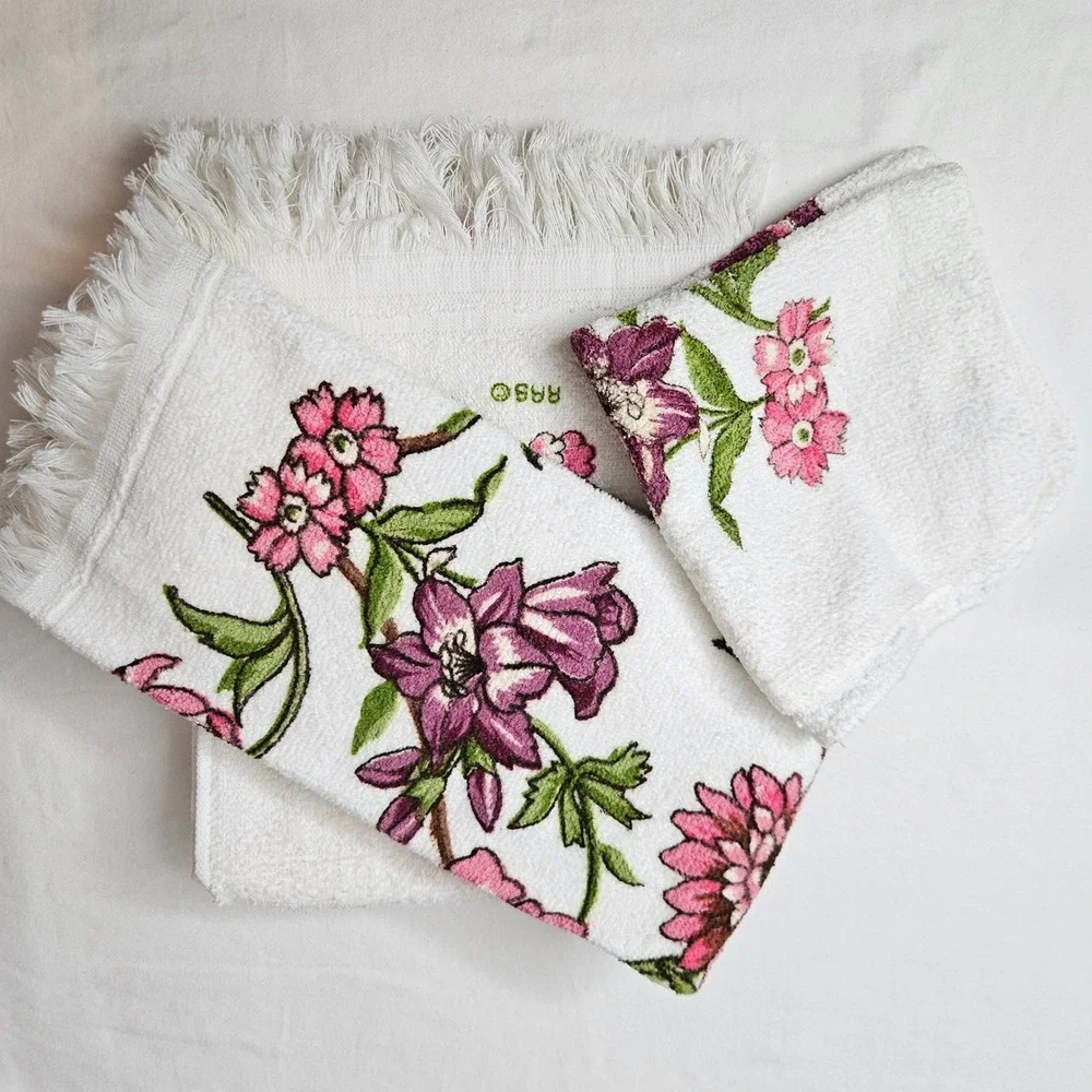 Vtg Cannon JCPenney Floral Bath, Hand Towel Washcloth Set‎ White Pink Purple